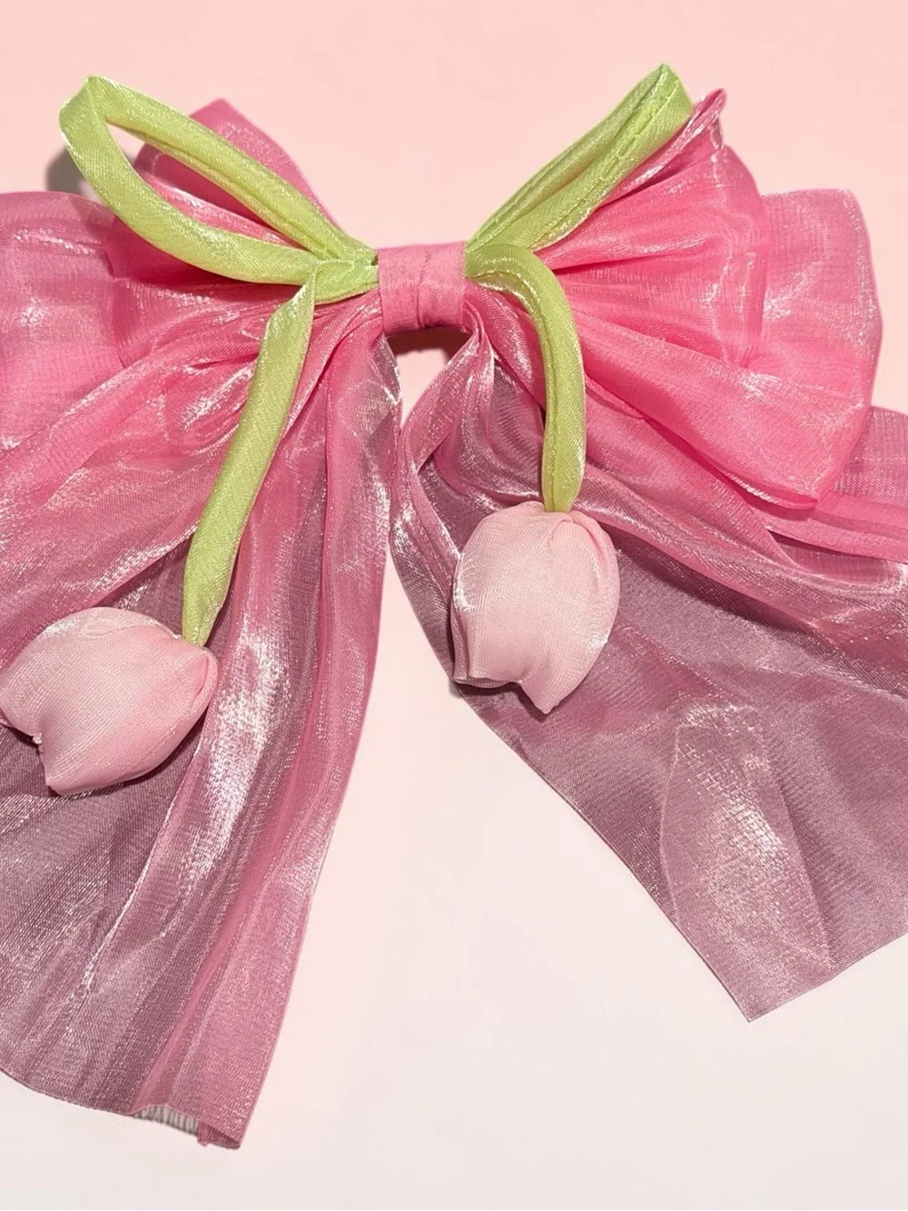 Sheer Pink Tulip Bow Hair Accessory with Lime Ties